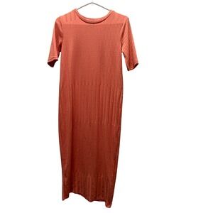 Zara Minimalist Casual Chic Coral Ribbed Knit Midi Dress Short Sleeve Size M